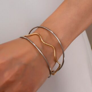 Mixed metal wavy and smooth bangle duo Bracelet