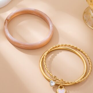 Gold and Acrylic Heart Charm Multi Bangle Set