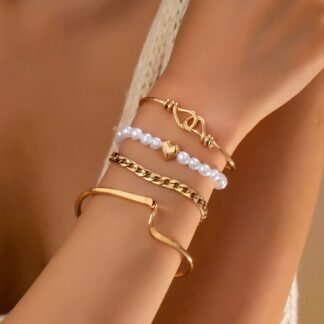 Gold Pearl Heart Charm Multi Bracelet Set