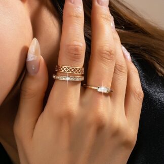 Gold Textured & Crystal Stacking Ring Trio