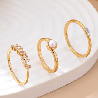 Pearl & Crystal Delicate Gold Ring Trio