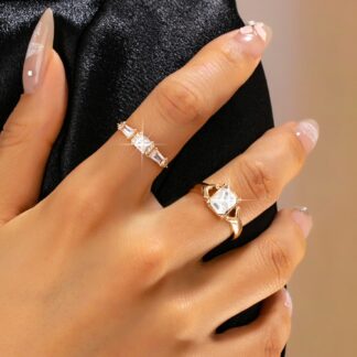 Gold-Tone Emerald-Cut Crystal Statement Ring Duo