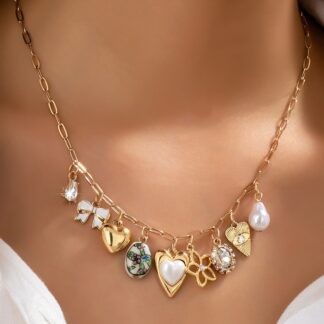 Charm Necklace-Charming Heart Bow & Pearl Dangle