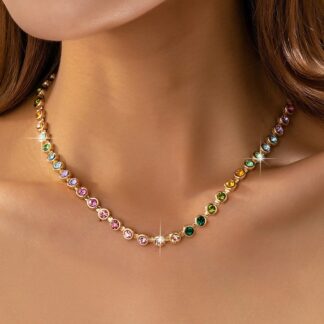 Rainbow Bezel-Set Gemstone Tennis Necklace