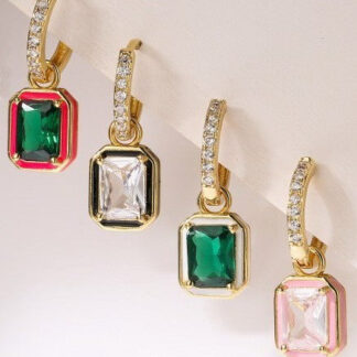 Enamel & Emerald-Cut Crystal Huggie Drop Earrings