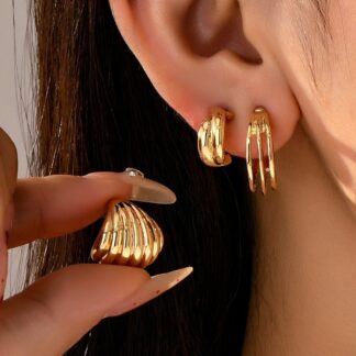 Vintage Gold Shell & Ribbon Hoop Trio Earrings