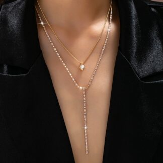 Layered Y Heart and Baguette CZ Crystal Necklace