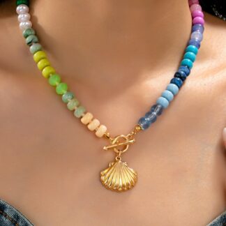 Rainbow Beaded Seashell Charm Necklace