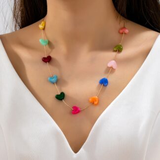 Multicolor Resin Beaded Heart Station Necklace