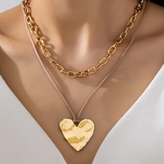 Hammered Heart Layered Cord Landyard Necklace