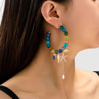 Ocean-Inspired Beaded Charm Hoop Earrings