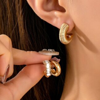 Rhinestone Textured Hoop Earring Set